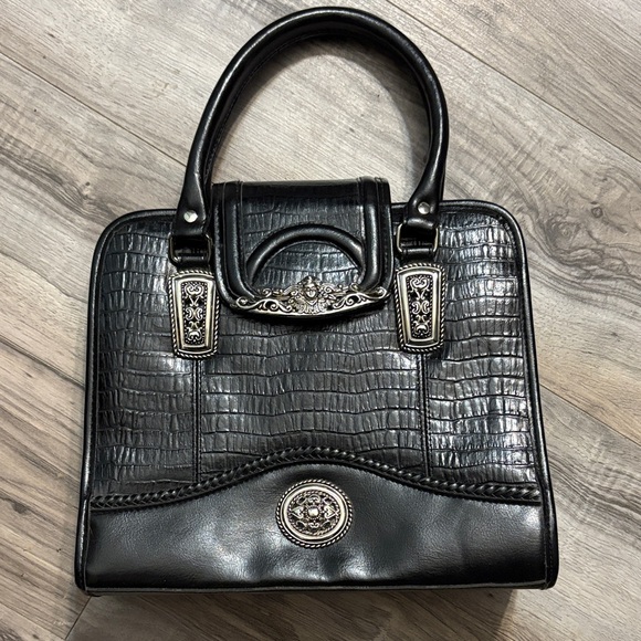 Vintage Chic Black Crocodile-Embossed Satchel - Picture 1 of 9